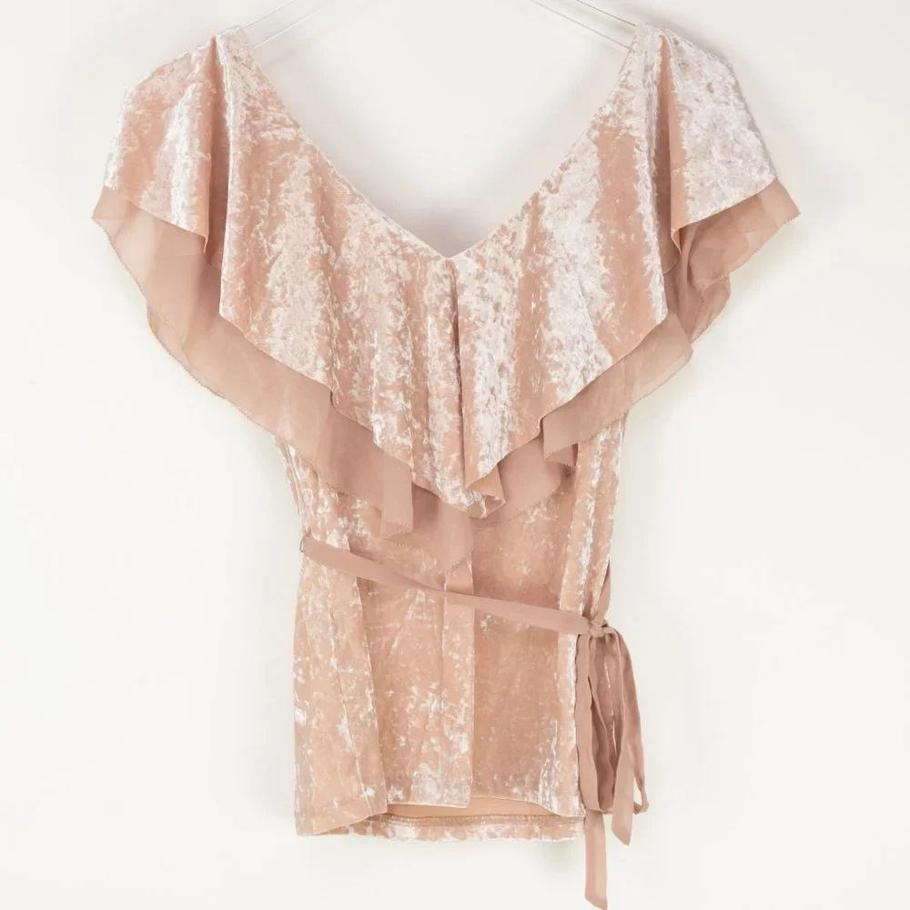 White House Black Market Velvet Ruffle Flounce Top Belted Blouse Pink Size XS - Picture 3 of 7